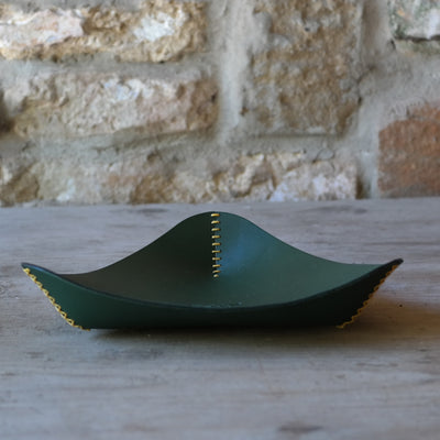 Triangle leather coin tray in dark green British leather